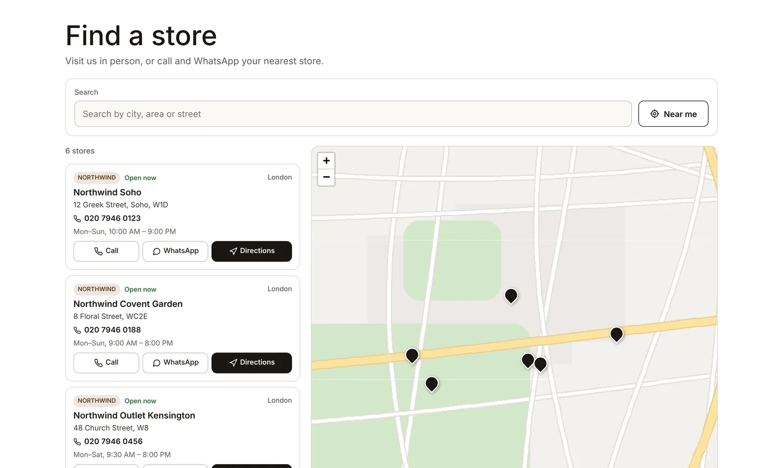 Your store locator page: search, Near me, open-now badges and a map with every store.